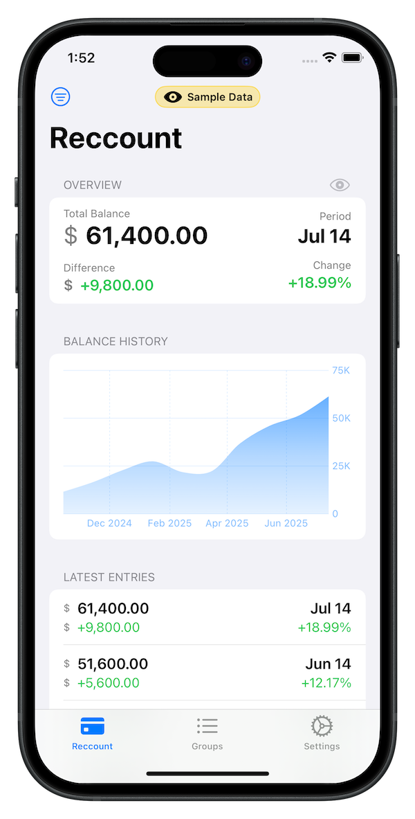 Reccount mobile app interface